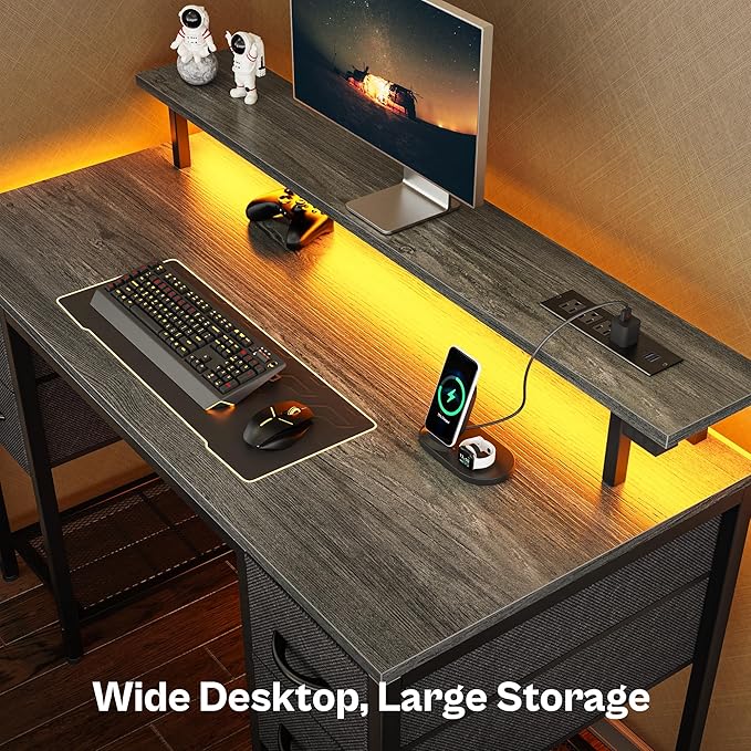 Huuger 47 inch Computer Desk with 4 Drawers, Gaming Desk with LED Lights & Power Outlets, Home Office Desk with Large Storage Space for Bedroom, Work from Home, Grey