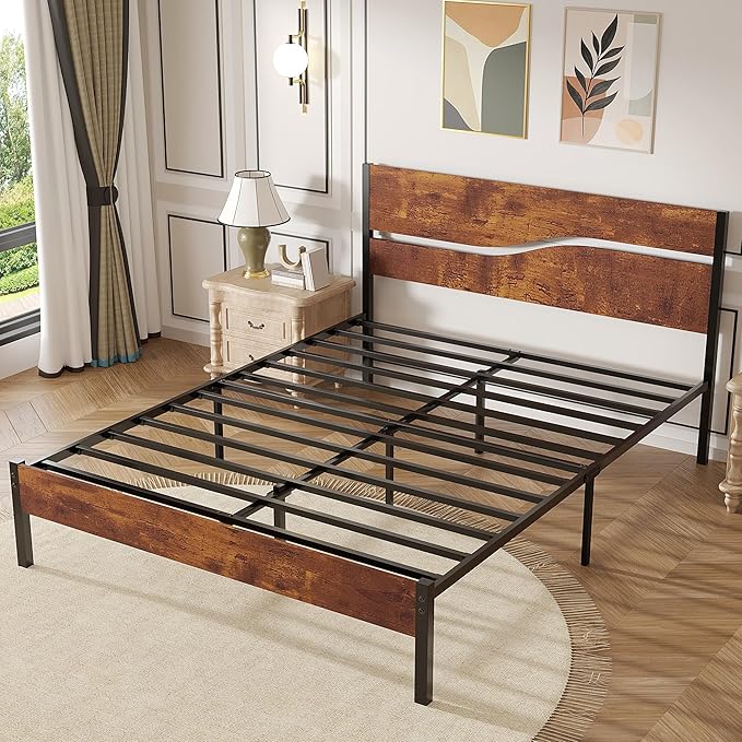VECELO Queen Size Bed Frame with Headboard Wood, Solid and Strong Metal Platform Support, No Box Spring Needed
