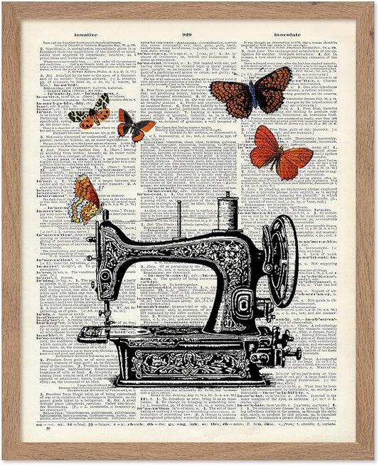 Poster Master Dictionary Art Poster - Sewing Machine Print - Sewing Art - Butterfly Art - Gift for Men, Women & Dressmaker - Chic Decor for Living Room, Bedroom or Office, 8x10 Beige Framed