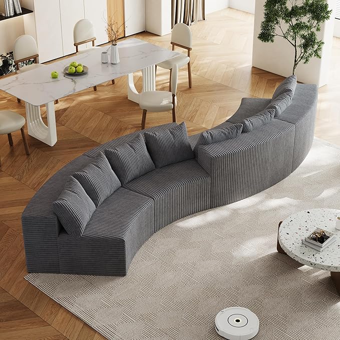 KEIKI Corduroy Curved Sectional Sofa, 4 Seater Symmetrical Modular Semi Circular Couch, Tufted Corner Sofa for Living Room, Lobby, Gray