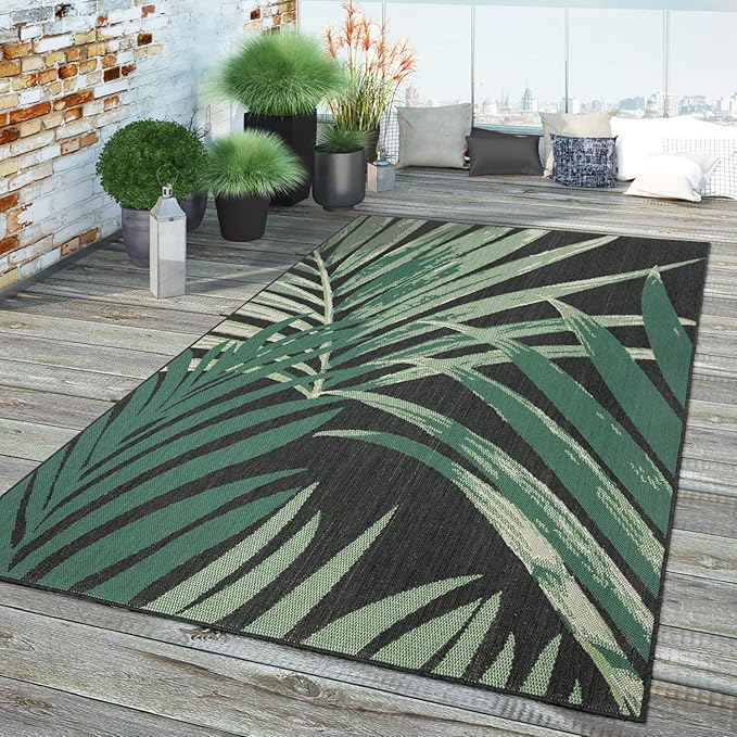 Tropical Outdoor Rug Palm Tree & Jungle Design Flatweave in Black Green, Size: 5'3" x 7'7"