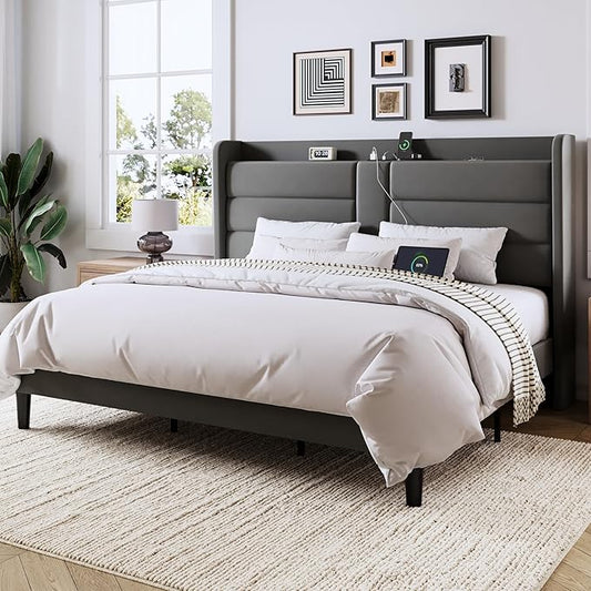 Allewie King Size Platform Bed Frame with Charging Station & Storage Headboard, Upholstered Velvet Wingback Design & USB Port, Strong Wooden Slats Support, No Box Spring Needed, Easy Assembly, Grey