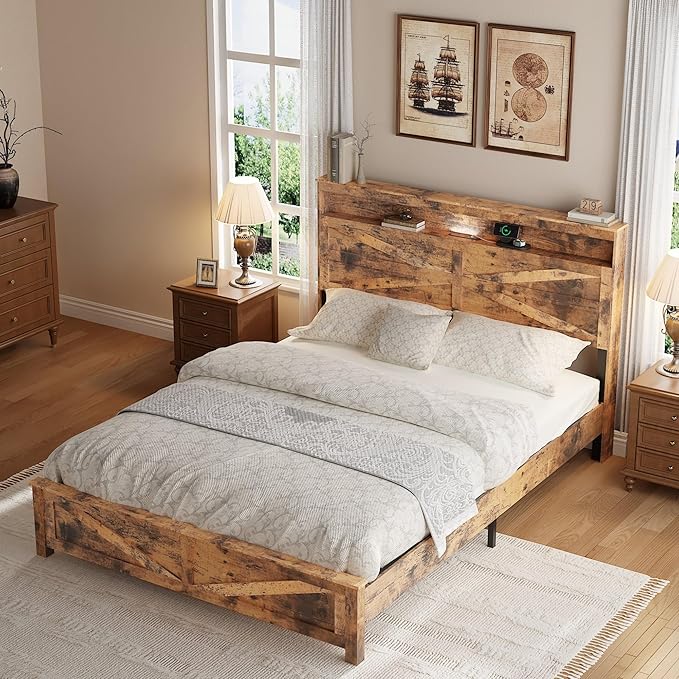 Farmhouse Wooden Bed Frame Queen Size with Storage Headboard, Boho Platform Bedframe with LED Lights and Charging Station, Metal Slats Support, No Box Spring Needed, Brown