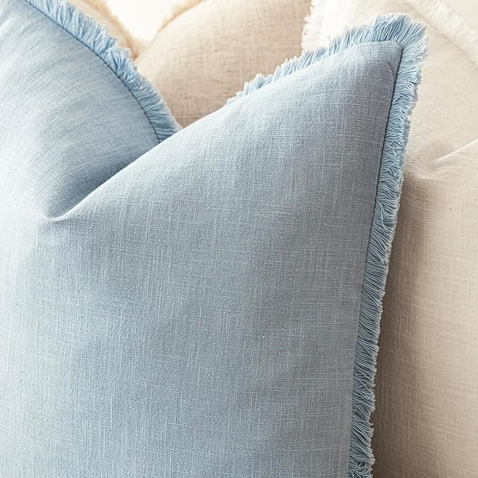 Foindtower Set of 2 Decorative Linen Fringe Throw Pillow Covers Boho Farmhouse Cushion Cover with Tassels Soft Accent Pillowcase for Couch Chair Sofa Bed Living Room Home Decor,22×22 Inch,Sky Blue