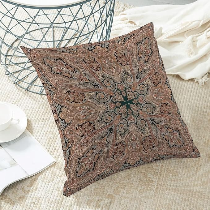 Boho Throw Pillow Covers 18x18 Inch Set of 2, Linen Ethnic Design Pattern Decorative Throw Pillow Covers Brown Carpet Pattern Outdoor Cushion Cover for Sofa Couch Farmhouse Room Bed Decor