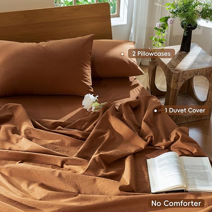 MooMee Bedding Duvet Cover Set 100% Washed Cotton Linen Like Textured Breathable Durable Soft Comfy (Solid Dark Orange, Queen 90"x90")