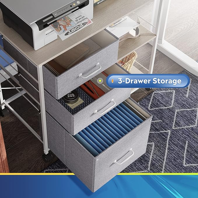 DEVAISE 3 Drawer Mobile File Cabinet, Rolling Printer Stand with Open Storage Shelf, Fabric Lateral Filing Cabinet fits A4 or Letter Size for Home Office, Light Grey