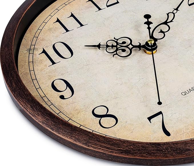 Bernhard Products Vintage Brown Wall Clock Silent Non Ticking 12 Inch Quality Quartz Battery Operated Round Decorative Easy to Read for Home Kitchen Living/Dining Room Bedroom Office Classroom School