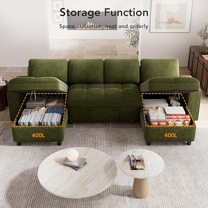 Vipbear Sleeper Sectional Sofa, 105" U Shaped Couch with Pull Out Bed, Convertible Chenille Cloud Sofa with Reclining Backrest | Double Storage Chaise | USB Ports | Tool-Free Assembly | Green