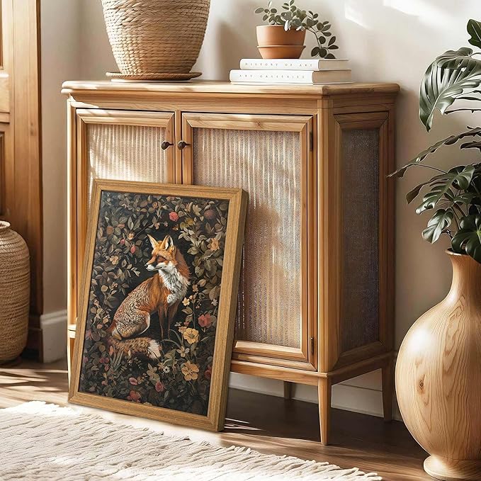 AKWISH Framed 3D Textured Vintage Wall Art - Dark Academia Decor Hand Drawn Sandstone Fox Paintings with Botanical Florals, Aesthetic Wall Decor for Living Room Bedroom Home 12x16 inch