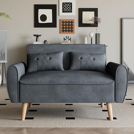 Vongrasig 47" Small Modern Loveseat Sofa, Mid Century Linen Fabric 2-Seat Sofa Couch Tufted Love Seat with Back Cushions and Tapered Legs for Living Room, Bedroom and Small Space (Dark Gray)