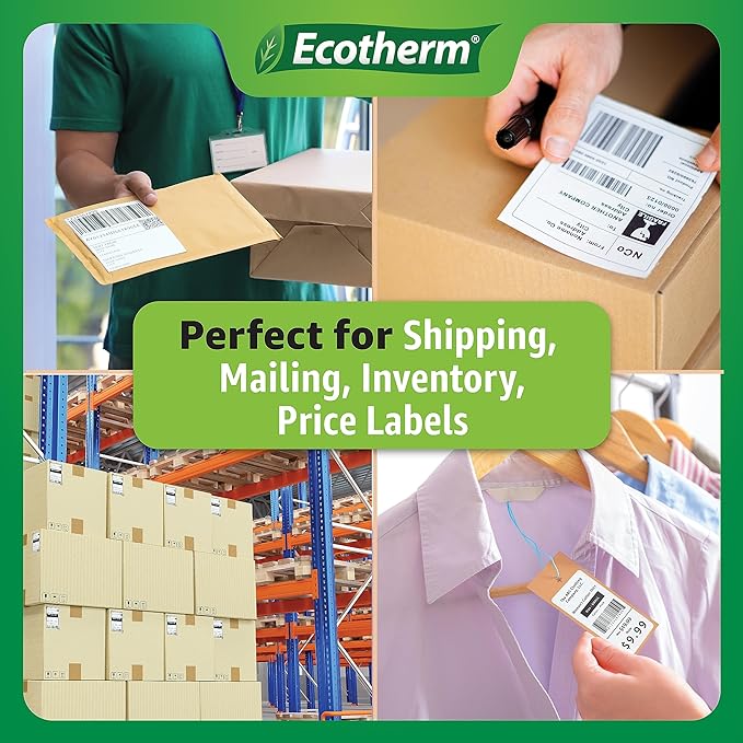 2.25" x 4" Thermal Labels | 6 Rolls | 4200 Labels | fits Zebra, Munbyn, Rollo, Godex, Arkscan, iDPRT, Offnova Thermal Label Printers and More | Blank White Adhesive Stickers by Ecotherm
