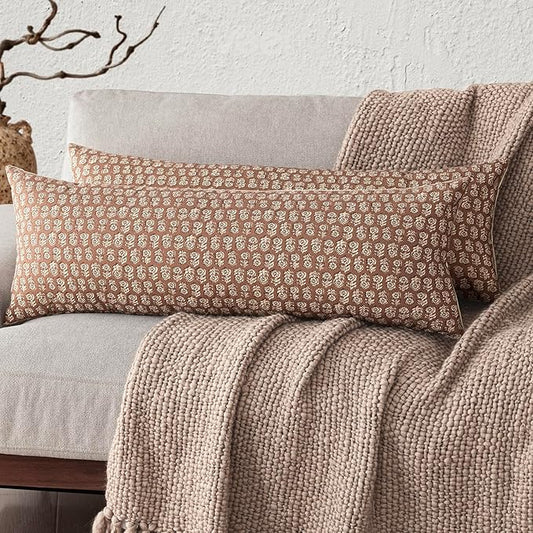 Foindtower Set of 2 Decorative Long Body Lumbar Throw Pillow Covers Neutral Farmhouse Cushion Covers Vintage Home Decor for Sofa Couch Chair Bedroom Living Room Outdoor,14×36 Inch,Light Orange Brown