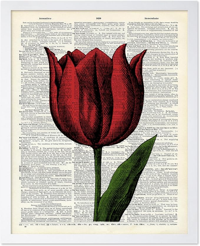 Poster Master Dictionary Art Poster - Tulip Print - Red Flower Art - Floral Art - Gift for Men, Women & Florist - Minimal Decor for Living Room, Bedroom, Dorm or Flower Shop, 11x14 White Framed