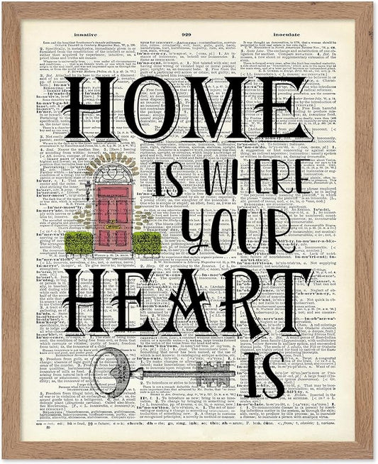 Poster Master Dictionary Art Poster - Home Is Where Your Heart Is Print - Motivational Art - Gift for Men & Women - Inspiring Wall Decor for Dorm, Bedroom or Living Room, 11x14 Beige Framed