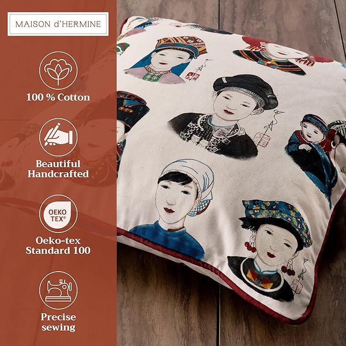 Maison d' Hermine Decorative Pillow Covers 18 x 18 Inch Square 100% Cotton Throw Pillow Covers with Invisible Zipper Cushion Case for Living Room Couch, Chair, Sofas, Bedroom, Home (Pupeo People)
