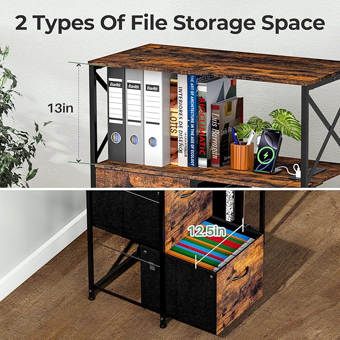 Printer Stand for Home Office, 31.5 x15.7 x 40 Inches Large Mobile Printer Table with Adjustable Storage Shelf, 2 Drawer File Cabinets Rolling Cart with Wheels for Host Computer - Rustic Brown