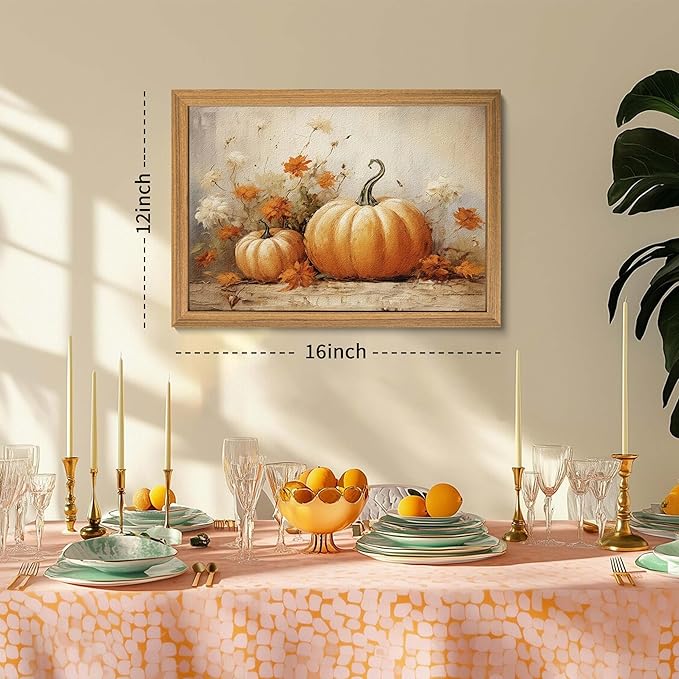 Framed Vintage Halloween Pumpkin Wall Art – 3D Texture Harvest Pumpkins Pictures Fall Wall Decor for Living Room, Rustic Autumn Pumpkin Art Prints for Kitchen, Bedroom, Home or Party – 12x16in