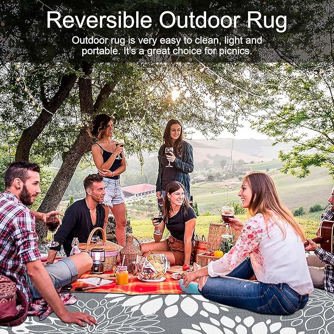 Ileading Reversible Outdoor Rug 9x12Ft Waterproof Patio Rug Carpet Portable Outdoor Plastic Straw Rug Large RV Camping Mat Rug for Patio, Clearance, Deck, Beach, Porch, Camping, Picnic, Grey
