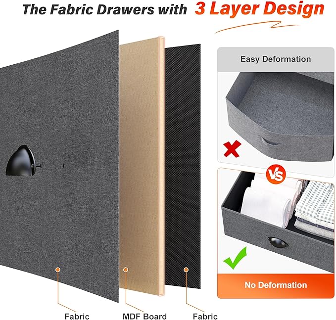 Dresser TV Stand for 50" TV, Sturdy Dresser for Bedroom with 5 Fabric Drawers and 3 Wood Open Shelves, Chest of Drawers Storage Dressers for Entryway, Closet, Grey, 11.8" D x 39.4" W x 38.4" H