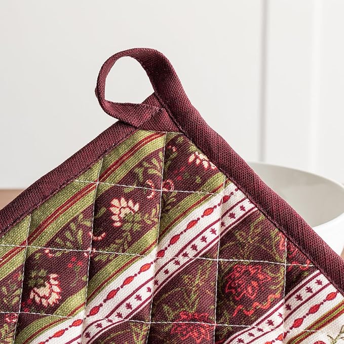 Maison d' Hermine Pot Holders 100% Cotton Heat Resistant Potholders 8" x 8" Hot Pads with Loop for Thanksgiving Christmas Decorations BBQ Cooking Handling Hot Pans (Pack of 1, Reveillon Au Jardin)