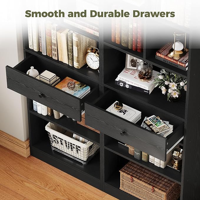 IRONCK Bookcase and Bookshelves, 70" Tall Bookshelf Floor Standing 6 Tiers Display Storage Shelves, Book Shelf with Drawers for Home Office, Living Room, Bedroom, Library, Black