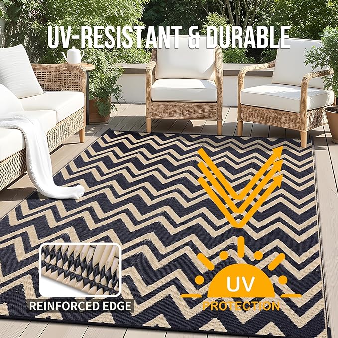 OLANLY Waterproof Outdoor Rug 8x10 ft Clearance, Reversible Outdoor Plastic Straw Rug, RV Mat, Indoor Outdoor Carpet for Patio, Camping, Balcony, Deck, Backyard, Black & Beige