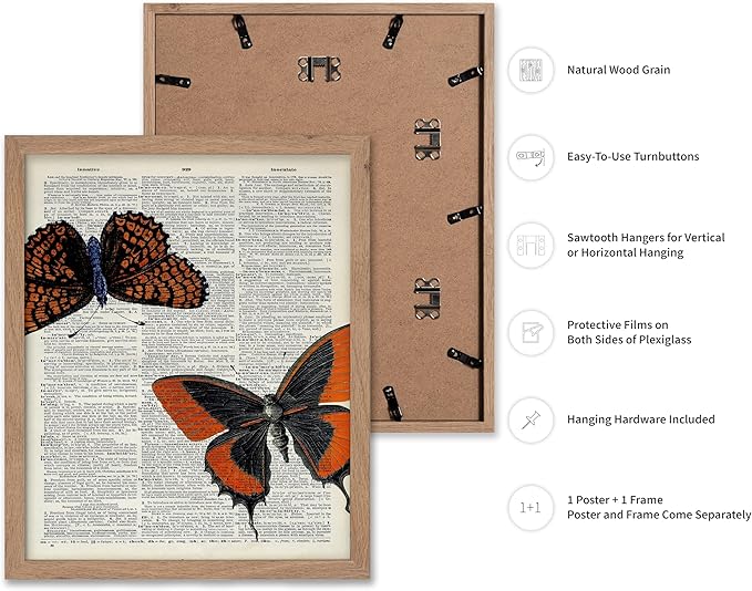 Poster Master Dictionary Art Poster - Butterflies Print - Moth Art - Butterfly Art - Insect Art - Gift for Men, Women & Animal Lover - Chic Decor for Living Room or Bedroom, 16x20 Beige Framed