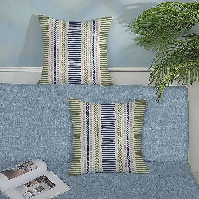 Boho Pillow Covers 16x16 Inch Set of Blue Sage Green Stripes Throw Pillow Covers Outdoor Decoration, Abstract Modern Bohemian Farmhouse Linen Decorative Cushion Cover for Home Sofa Couch