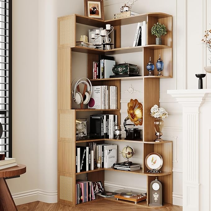 Corner Bookshelf 7-Tier,Farmhouse Corner Shelf,Tall Book Shelf L-Shaped Shelf Display Rack for Bedroom,Large Etagere Bookcase for Home Office Shelves(M-Walnut Wood)