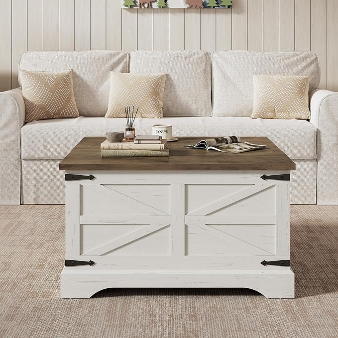 Furnideco 35.5''W Square Coffee Table Farmhouse Lift top Coffee Table with Large Hidden Storage, Wood Center Table for Living Room, Home Office, Brown Top
