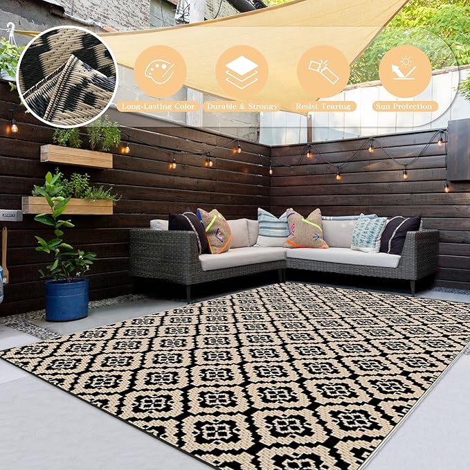 Wallona Outdoor Rugs 9x12 ft Patio Waterproof Clearance Indoor Outdoor Large Carpet for Patio Plastic Straw Reversible Area Rugs Mat for RV, Camping, Balcony, Beach, Picnic, Porch, Brick Black & Beige