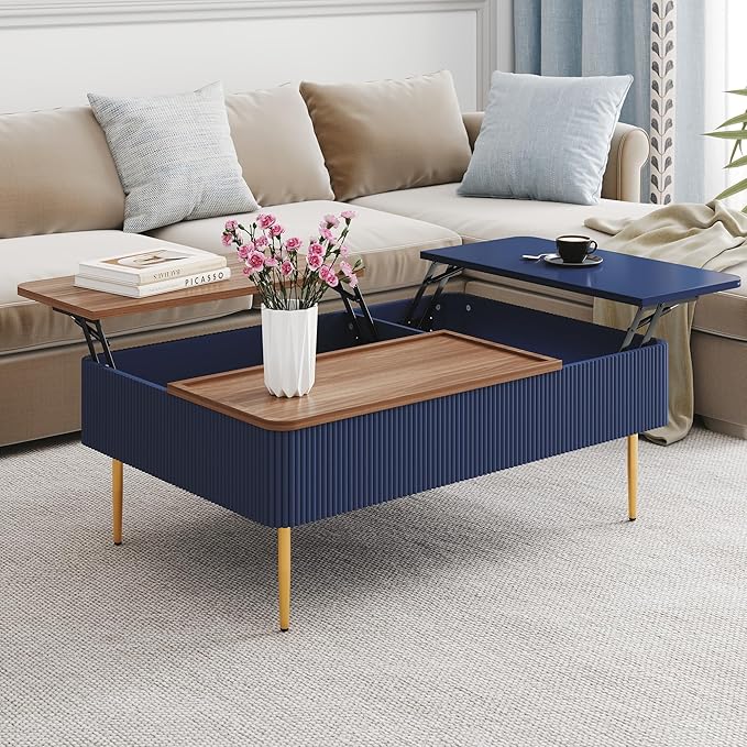 HLR 47" Dual Lift Top Coffee Table with Storage, Modern Wood Fluted Coffee Table with Hidden Compartment for Living Room, Office, Blue