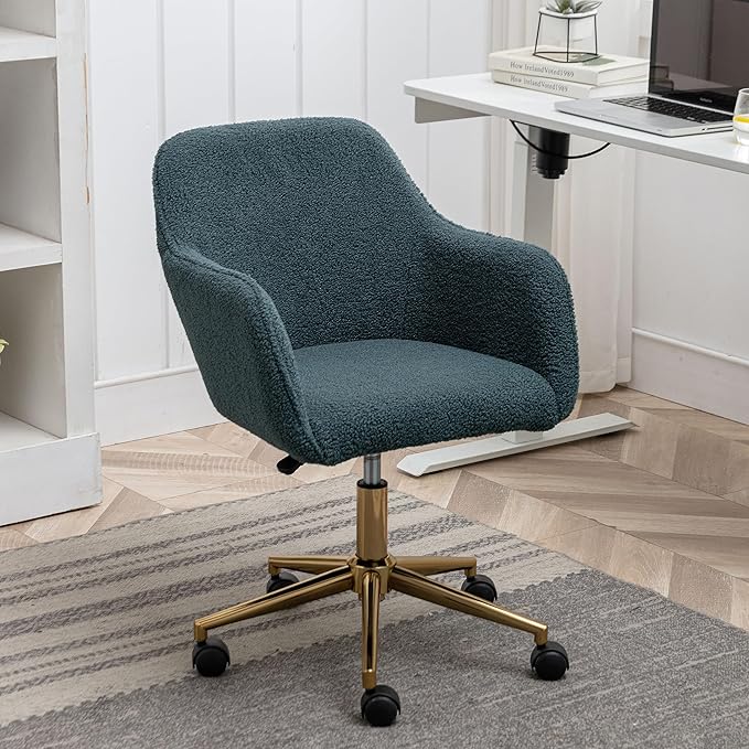 Goujxcy Fluffy Desk Chair, Faux Fur Vanity Chair Swivel Office Chair for Girls Women, Height Adjustable Cute Teddy Furry Makeup Chairs for Bedroom Home Office