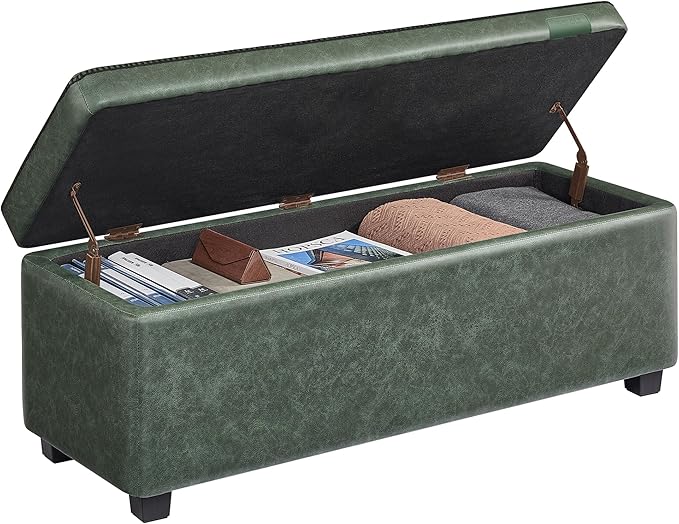 VASAGLE EKHO Collection - Storage Ottoman Bench, Entryway Bedroom Bench, 25 Gallons, Synthetic Leather with Stitching, Mid-Century Modern, Safety Hinges, Loads 660 lb, Forest Green ULOM075C01