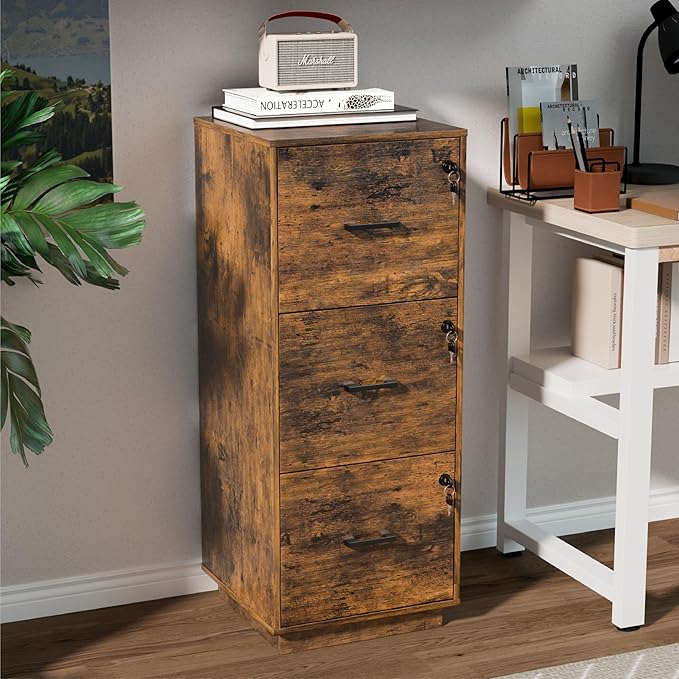 VINGLI 3 Drawer File Cabinet with Lock, Home Office Filing Organizer, for Letter Size File Folder Storage, Wood Tall Vertical Filing Cabinet, Printer Stand, Archivador (Rustic Brown)