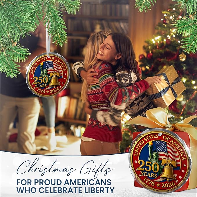 FLAGWIX 250th Anniversary USA Ornament for Patriotic Christmas Decorations - Glass Patriotic Christmas Ornaments - United States 250 Years American Anniversary Bell Ornament, Veterans Day Gifts Bulk