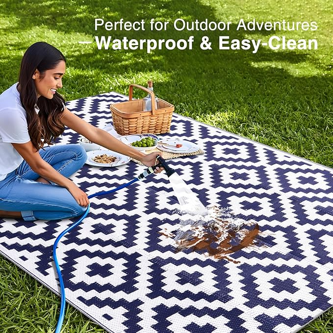 OLANLY Waterproof Outdoor Rug 4x6 ft, Outdoor Plastic Straw Rug for Camping, RV Mat Outside, Indoor Outdoor Carpet for Porch, Deck, Backyard, Balcony, Picnic, Navy & White