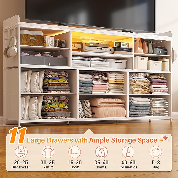 EnHomee Dresser TV Stand with 11 Drawers for 60" TV Stand for Bedroom with LED Lights & Power Outlets Long Dresser for Bedroom with Shelves & 4 Hooks Sturdy Metal Frame & Wood Top, White