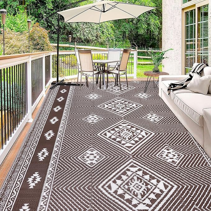 Outdoor Rug 9x18 for Patio Waterproof Patio Rugs Outdoor Mats for Front Porch,Beach Mat,Reversible Plastic Camping Rugs,Camper Rugs for Outside,RV,Deck,Balcony,Backyard,Boho Brown