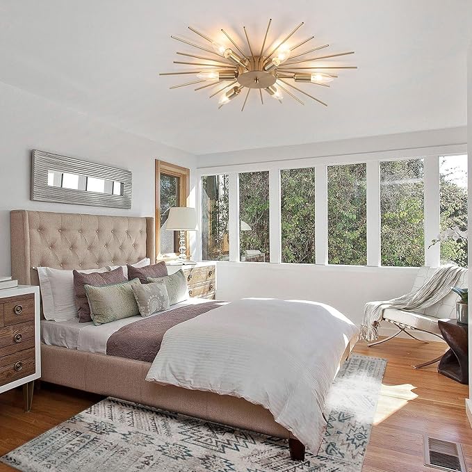 Jaycomey 6-Lights Sputnik Light Fixture Flush Mount Gold Ceiling Lights Modern Firework Metal Ceiling Lighting Mid Century Chandelier for Farmhouse Dining Room Bedroom Hallway Living Room, E12