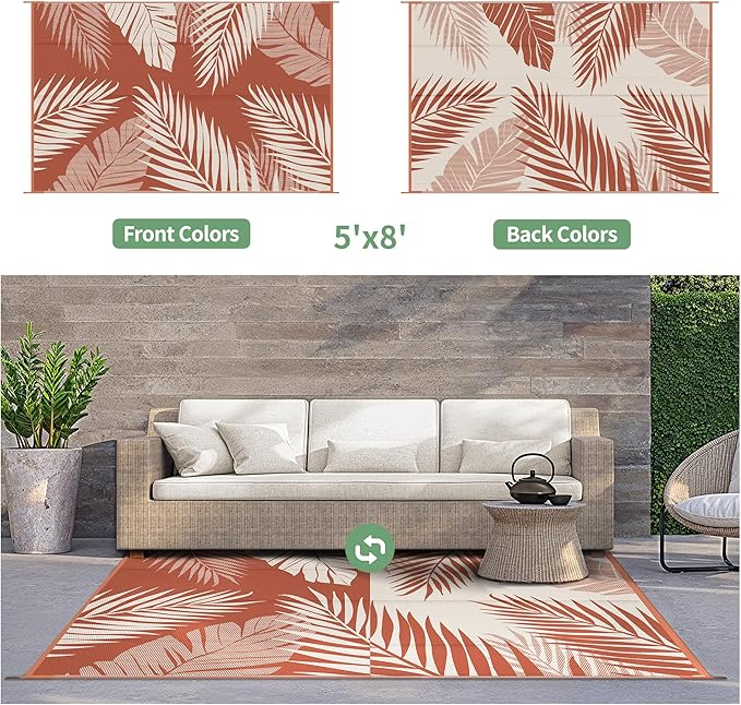 GENIMO Outdoor Rug 5' x 8' Waterproof for Patios Clearance, Reversible Plastic Straw Camping Carpet, Large Area Rugs Mats for RV, Picnic, Backyard, Deck, Balcony, Porch, Beach, Brick&Red