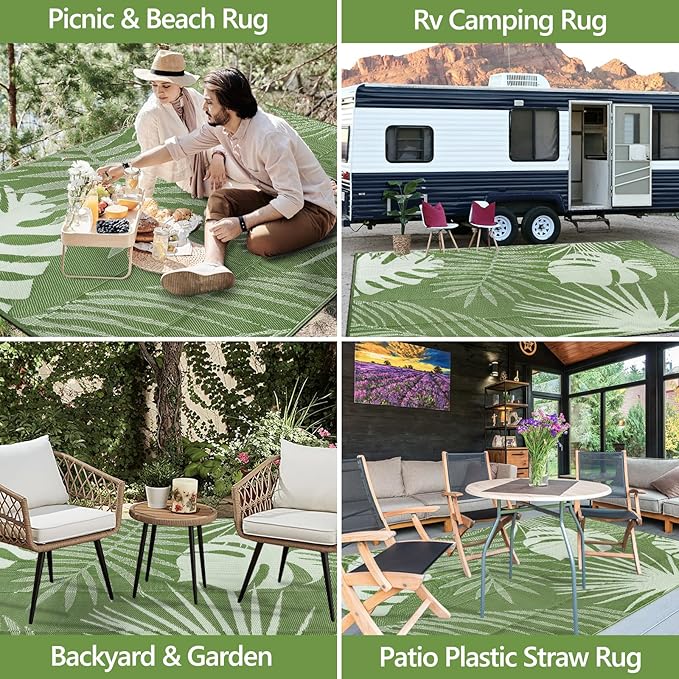 Waterproof Outdoor Rug 6x9 ft, Reversible Plastic Straw Mat with Leaf Pattern, Large Floor Mat for Patio, Camping, Picnic, Backyard RV, Deck, Light Green
