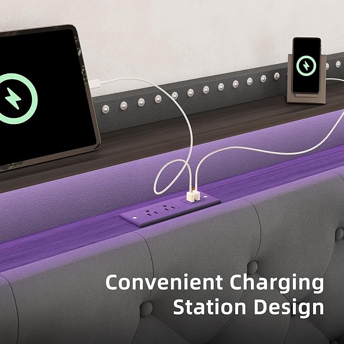 BRELTAM Bed Frame Queen Size with LED and Charging Station Upholstered Velve Tufed Bed Frame with 4 Storage Drawers,Platform Bed with Headboard Heavy Duty Wood Slats, Noise Free, Easy Assembly,Grey