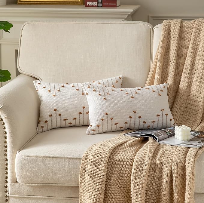 Caflife Boho Throw Pillow Covers 12x20 Set of 2 Decorative Pillows for Bed, Neutral Pillow Covers Beige with Brown Line Throw Pillows for Modern Farmhouse Couch Sofa Living Room Outdoor