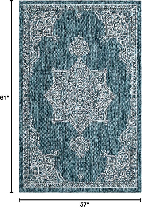 Unique Loom Outdoor Traditional Collection Area Rug - Antique (3' 1" x 5' 1" Rectangle Teal/Ivory)
