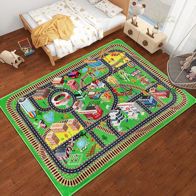 Kids Rug Play Mat for Toy Cars 3D City Life Road Traffic 59"×78.7" for Playroom Kids Car Road Rugs City Map Play Mat Non-Slip Washable Educational Car Rug for Toddler Boy Tummy Time Playtime