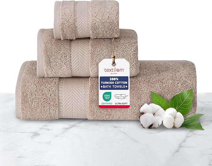 TEXTILOM 100% Turkish Cotton 3 Pcs Bath Towel Set, Luxury Bath Towels for Bathroom, Soft & Absorbent Bathroom Towels Set (1 Bathtowel, 1 Hand Towel, 1 Washcloth)- Beige