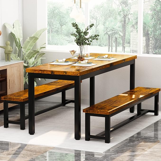 AWQM Dining Room Table Set, Kitchen Set with 2 Benches, Ideal for Home, and Room, Breakfast of 43.3x23.6x28.5 inches, Benches 38.5x11.8x17.5 Industrial Brown (A006-11F2-L)