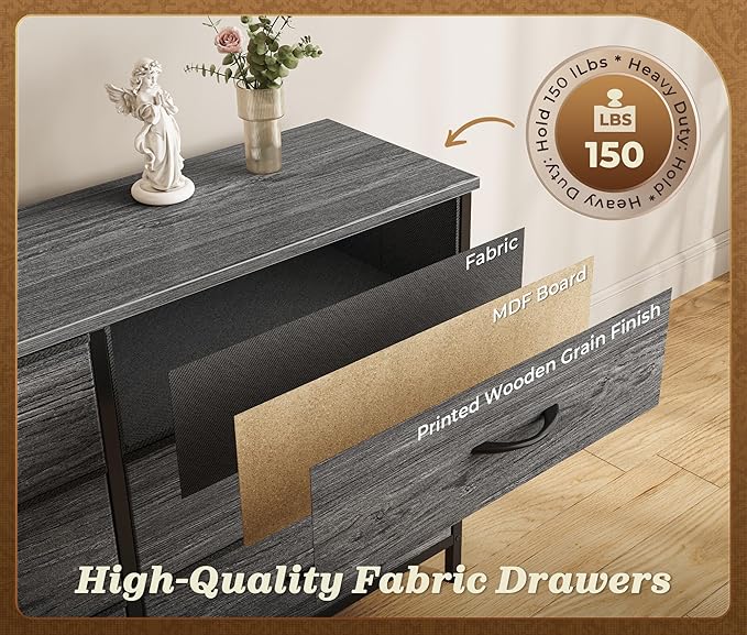 Huuger 78.7 inch Long Dresser for Bedroom, 15 Drawer Fabric Dresser for Closet, Large TV Stand for 65, 75, 85 inch TV, Wide Chest of Drawer with Storage, 78.7" W x 12.9" D x 26.7" H, Grey